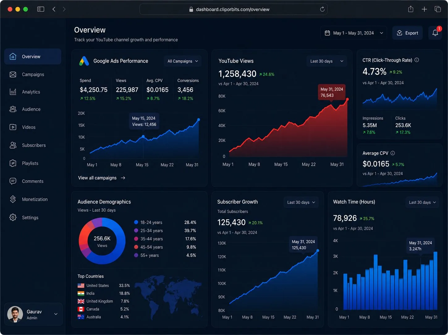 ClipOrbits client dashboard showing Google Ads performance, YouTube views, CTR, average CPV, audience demographics, subscriber growth and watch time