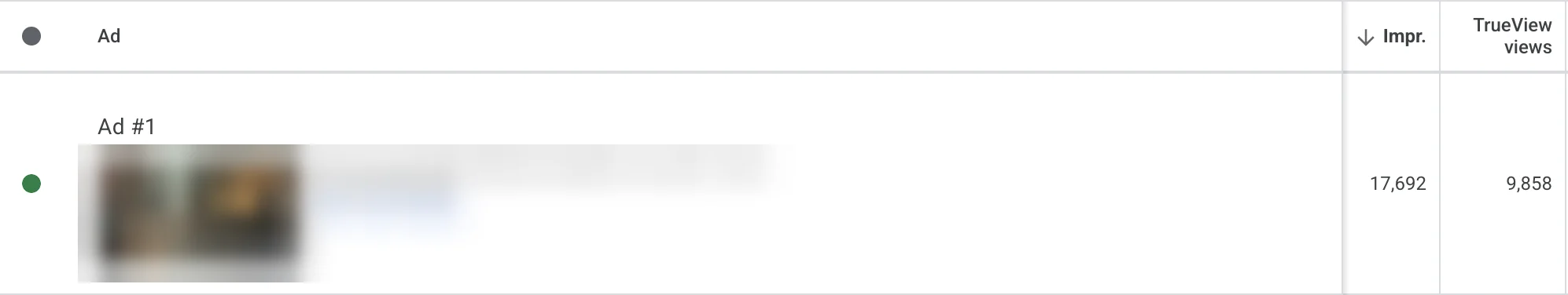 Google Ads ad result: 17,692 impressions and 9,858 TrueView views, video title and thumbnail blurred
